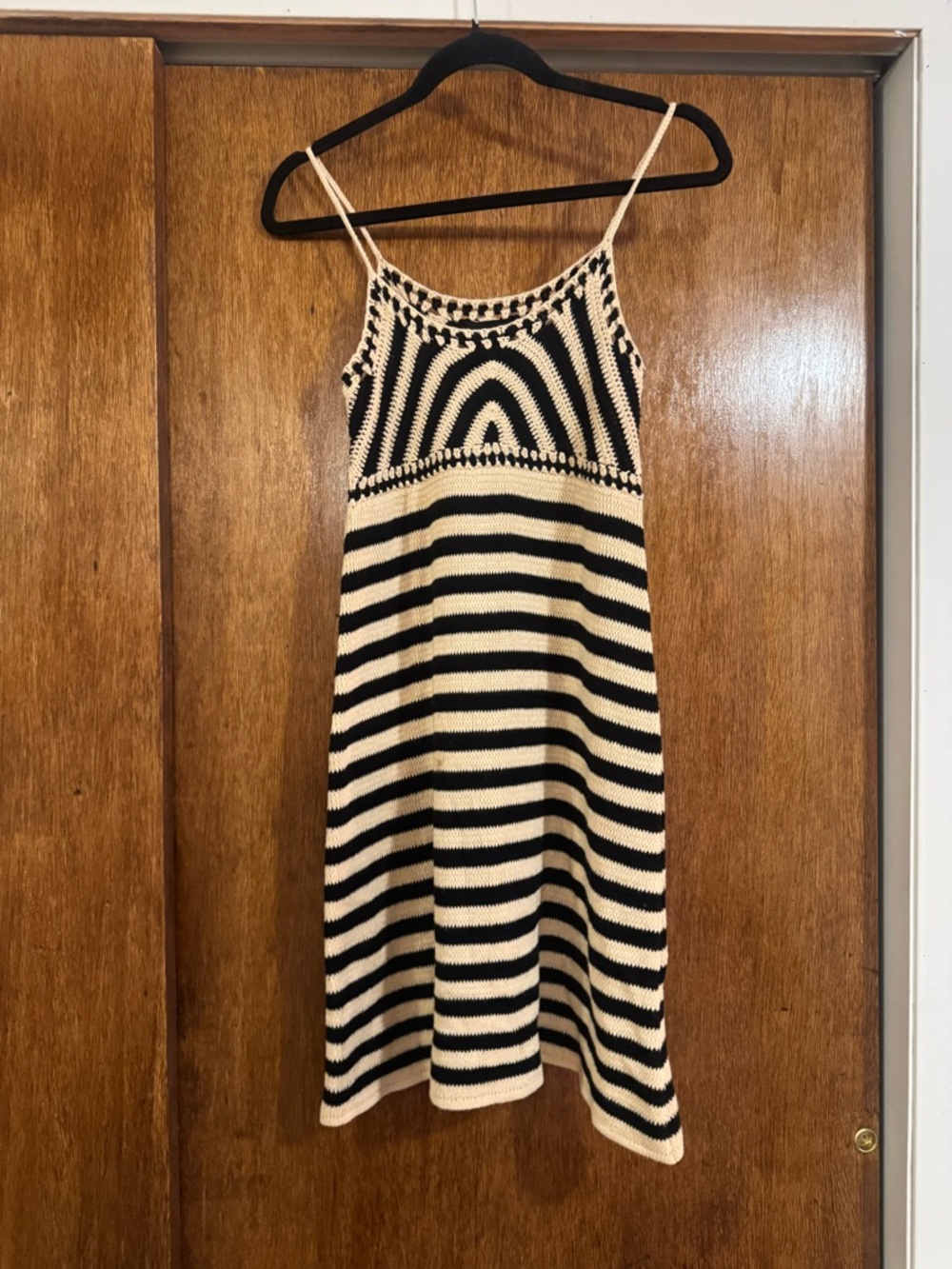 Striped Knit Spaghetti Strap Dress - Black & Cream